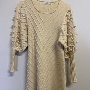 Avantlook Cream Long Sleeve Knit Dress with Pom-Pom Sleeves